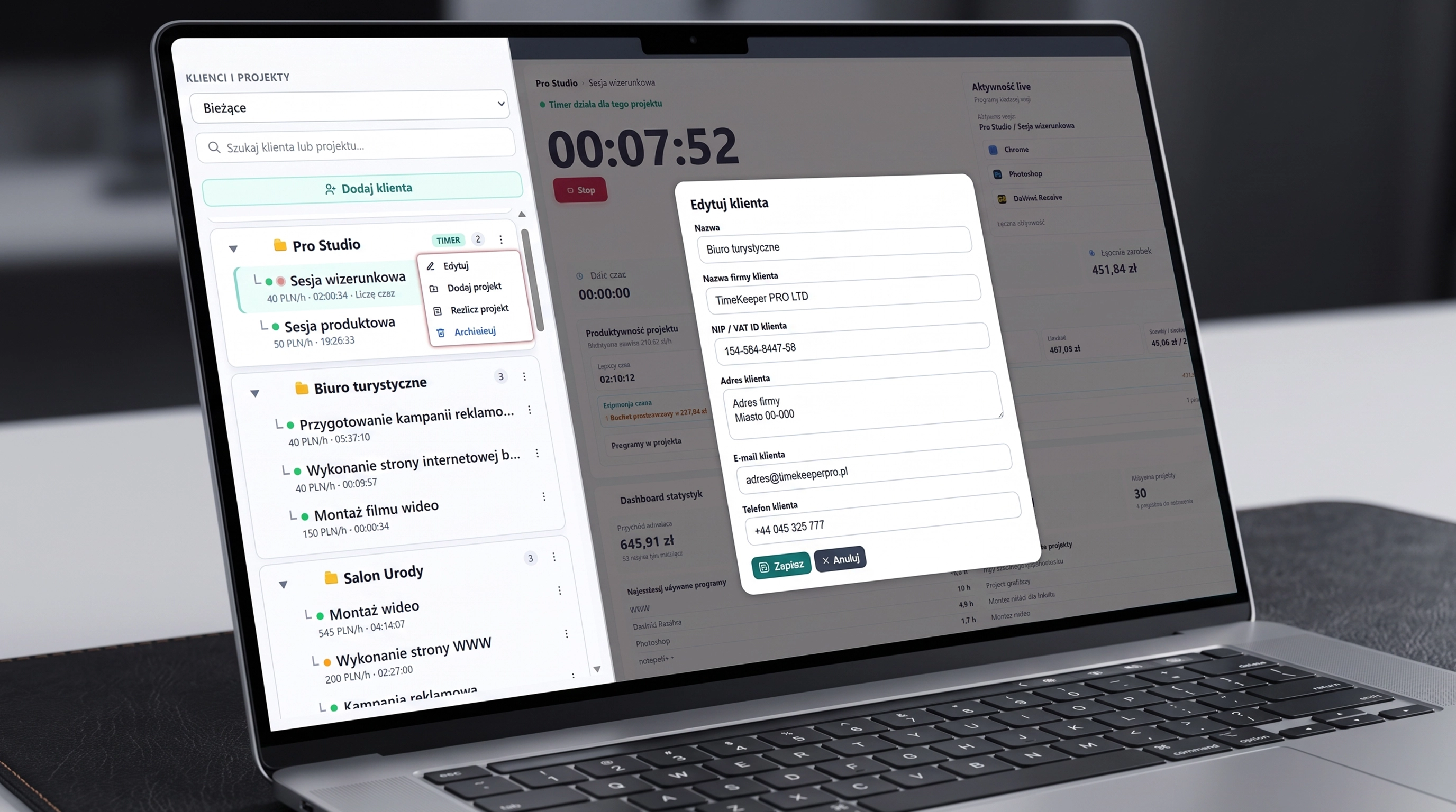 Lista klientów, projektów i stawek w TimeKeeper PRO