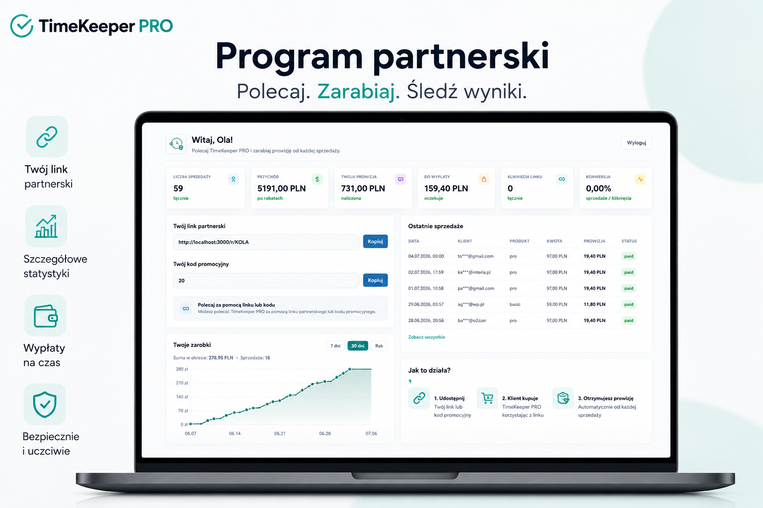 Podgląd panelu partnera TimeKeeper PRO z linkiem partnerskim, statystykami sprzedaży i historią prowizji
