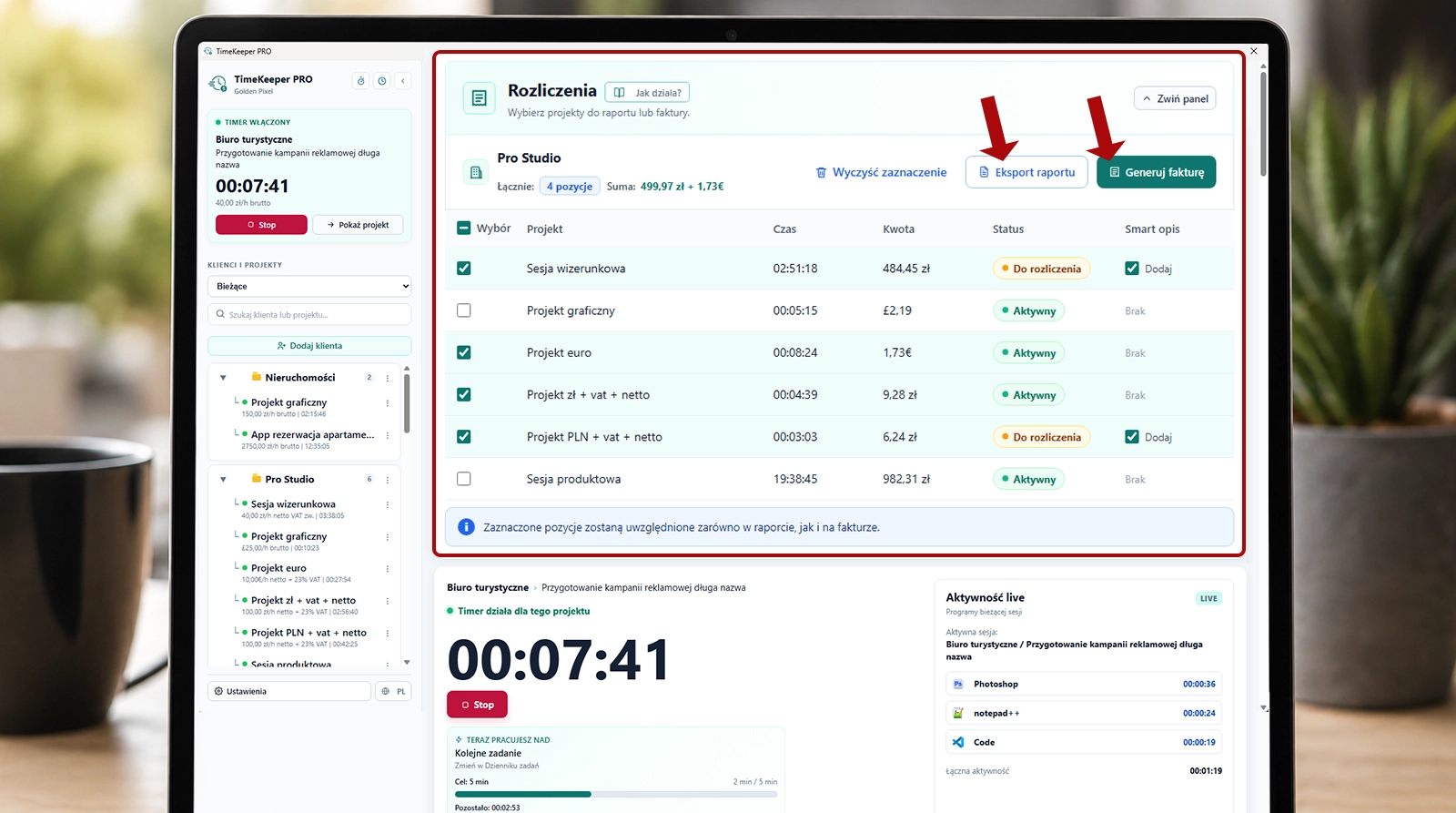 Eksport raportu i generowanie faktury w TimeKeeper PRO