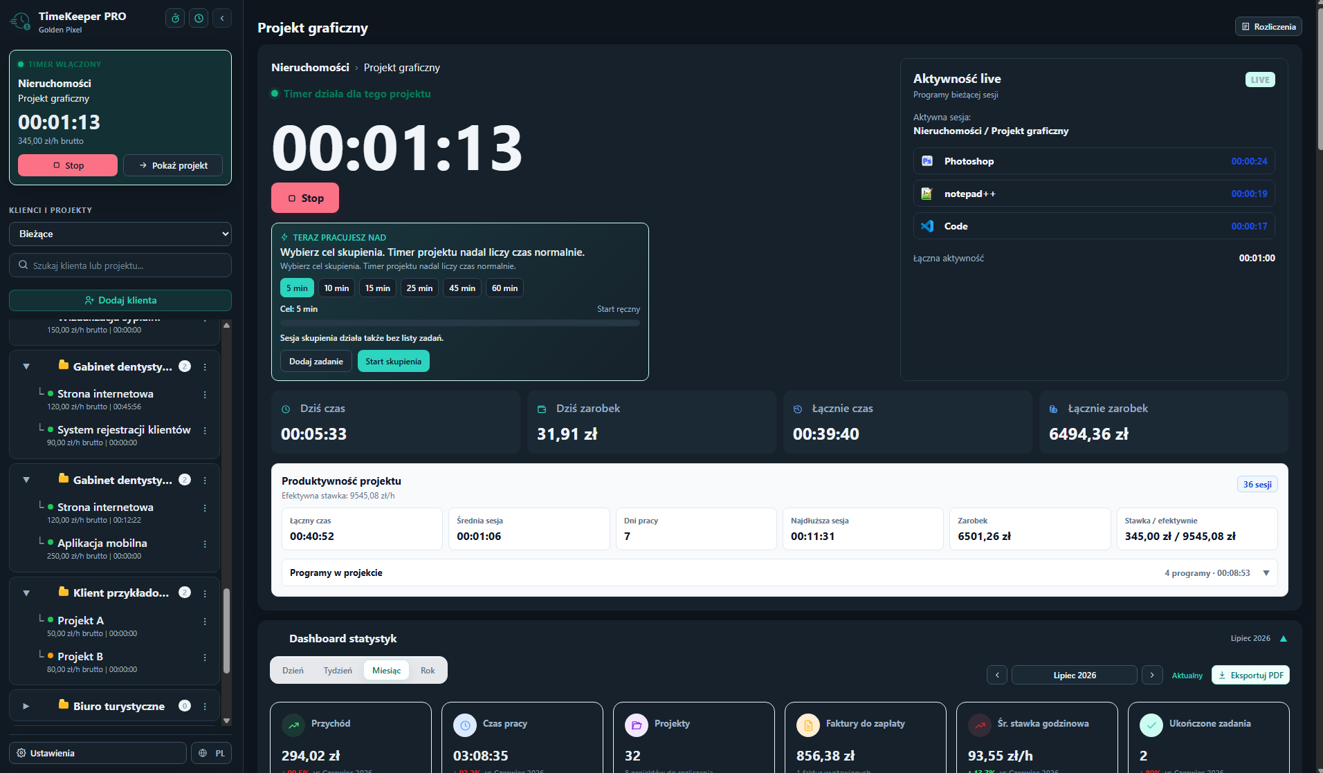 Ciemny wygląd programu TimeKeeper PRO