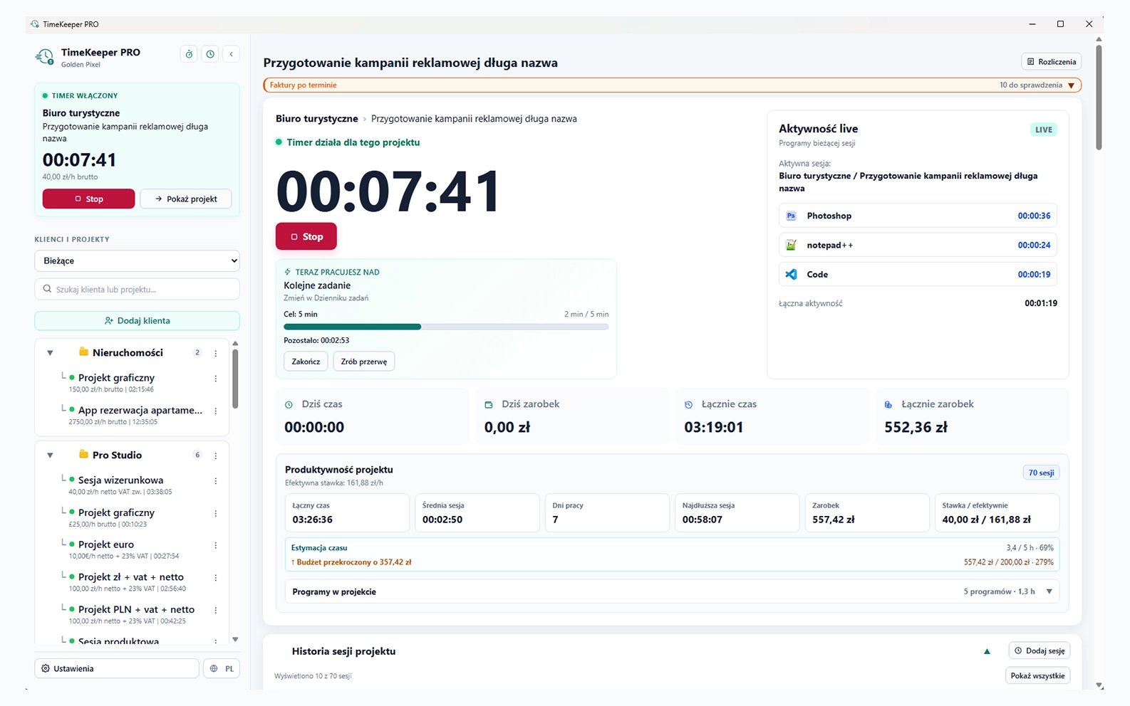 Pełne okno aplikacji TimeKeeper PRO