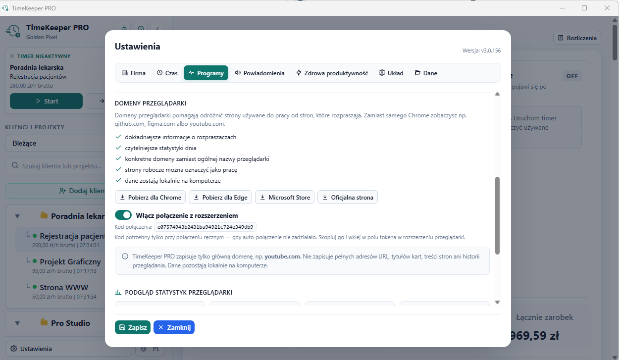 Ustawienia programu TimeKeeper PRO z włączonym połączeniem z rozszerzeniem przeglądarki