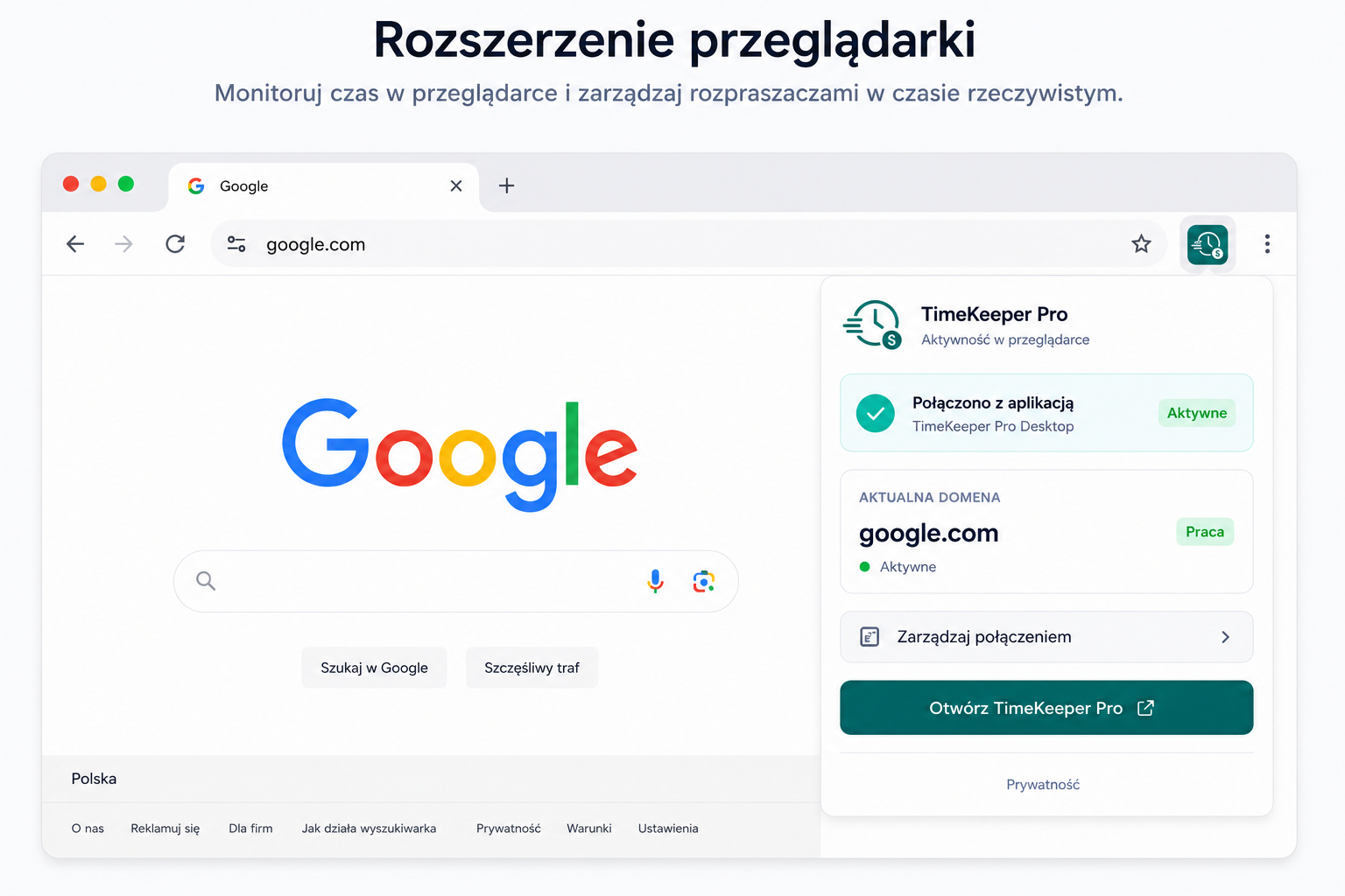 Rozszerzenie TimeKeeper PRO otwarte w przeglądarce nad stroną wyników wyszukiwania
