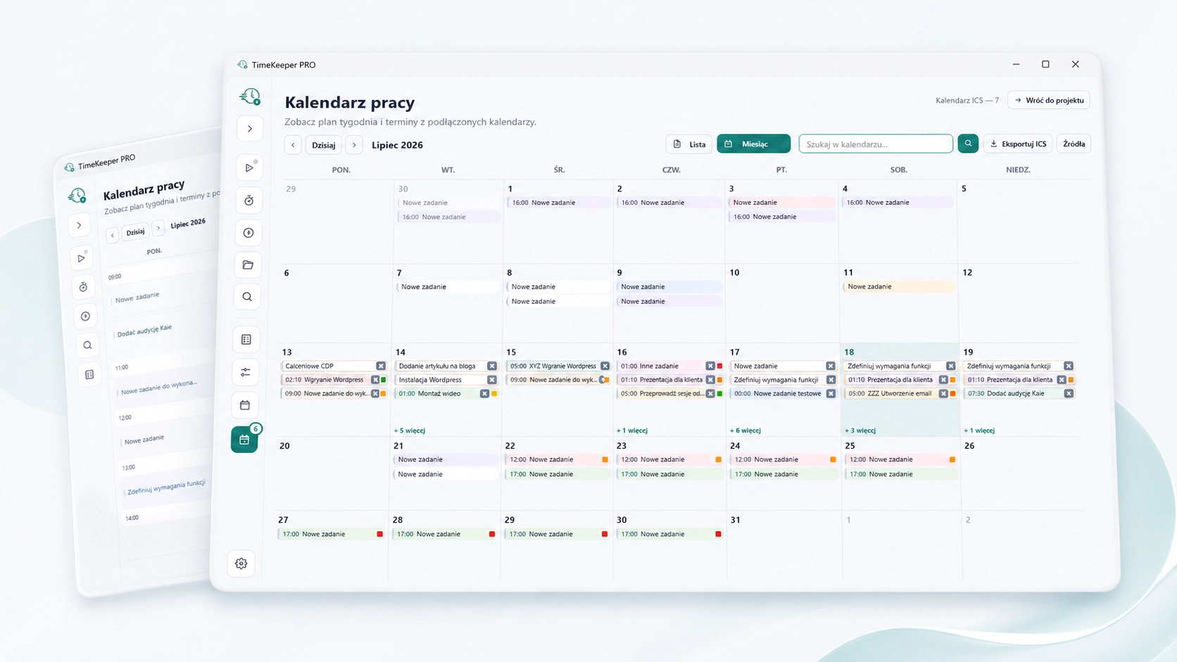 Widok Miesiąca w Kalendarzu pracy TimeKeeper PRO