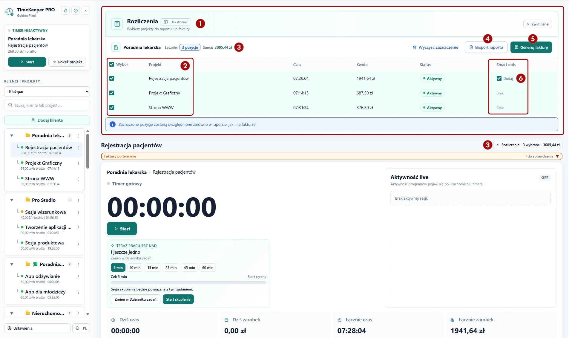 Panel Rozliczenia w TimeKeeper PRO