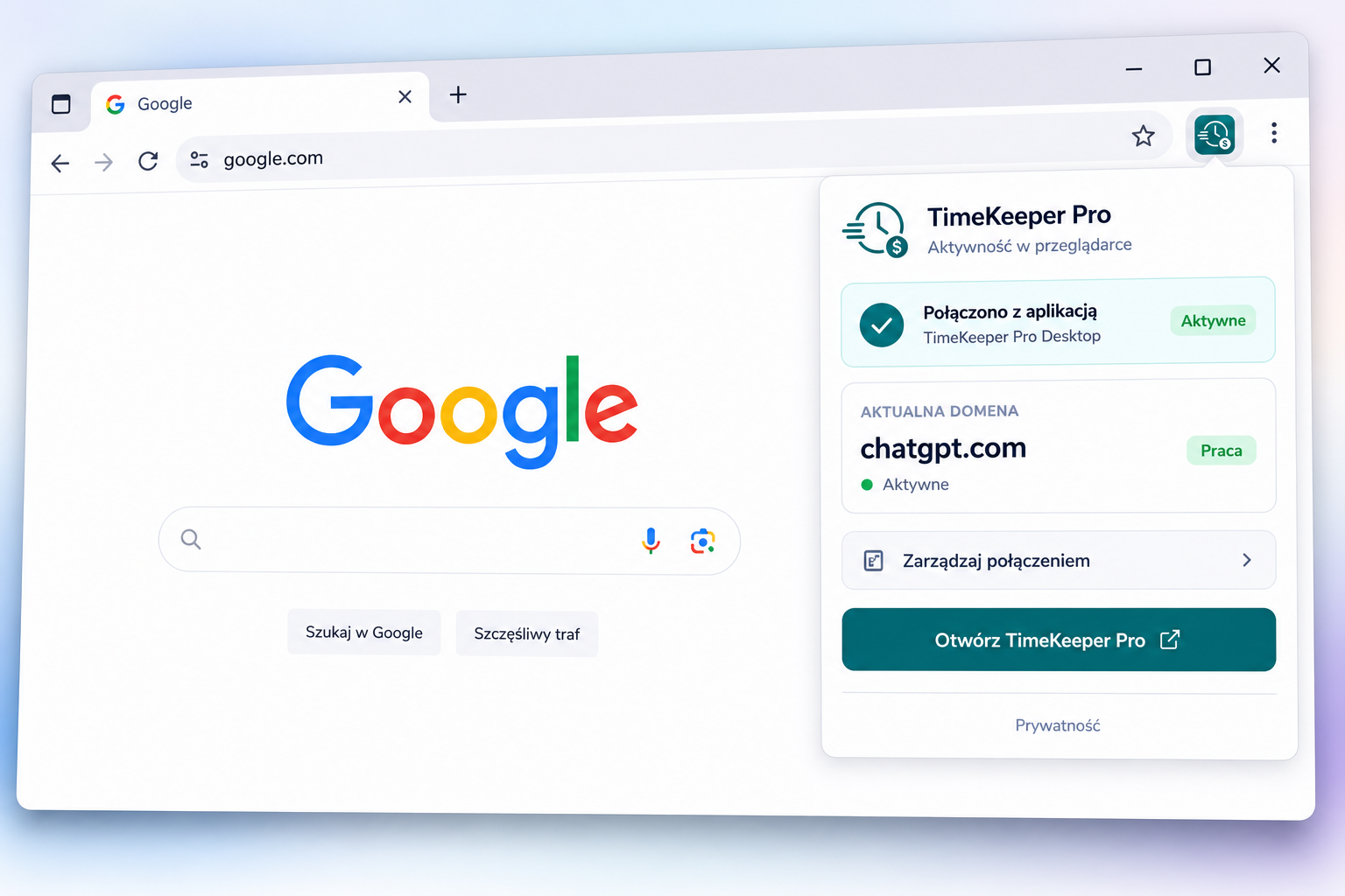 Wygląd rozszerzenia TimeKeeper PRO w przeglądarce