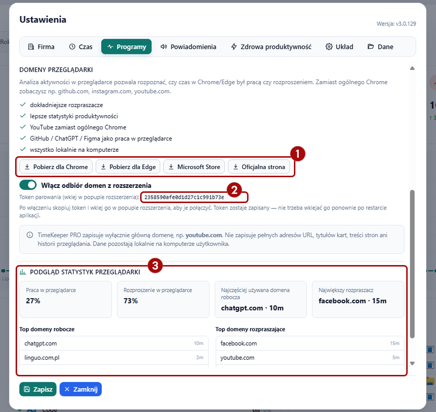 Ustawienia - pobranie i parowanie rozszerzenia przeglądarki w TimeKeeper PRO