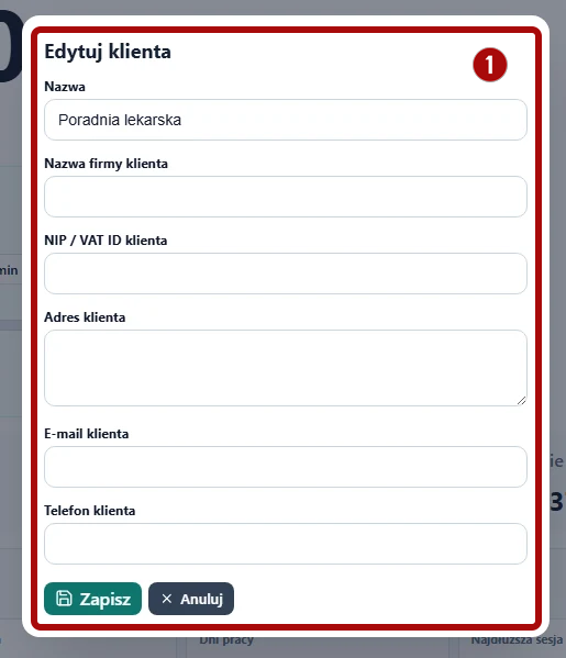 Formularz Edytuj klienta w TimeKeeper PRO