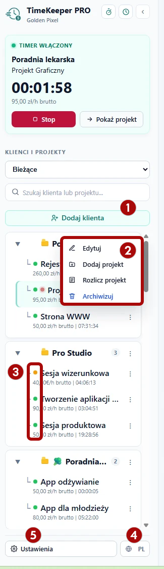 Panel klientów i projektów TimeKeeper PRO z menu kontekstowym