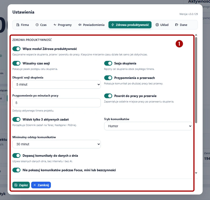 Ustawienia - Zdrowa produktywność w TimeKeeper PRO