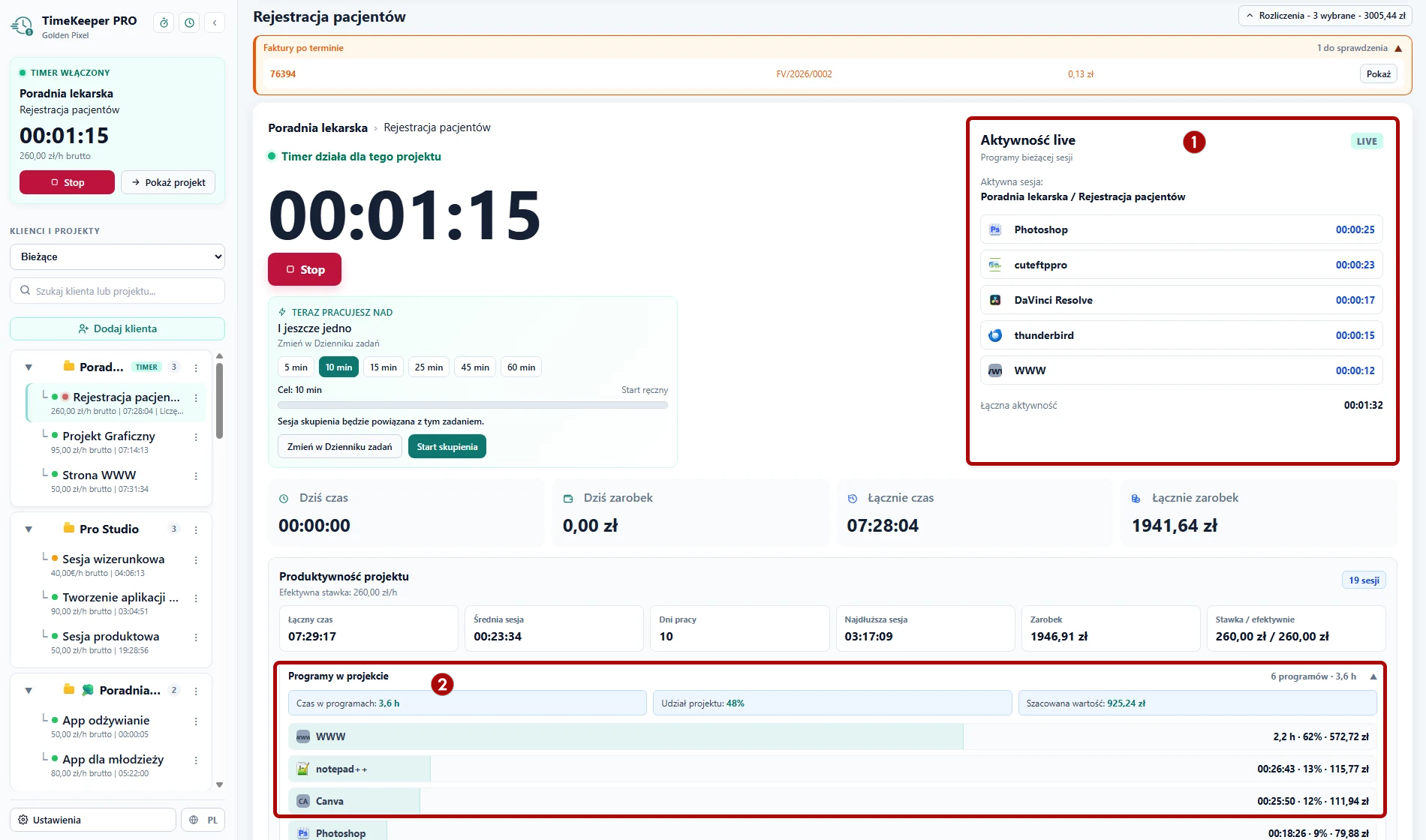 Panel Aktywność live i Programy w projekcie w TimeKeeper PRO
