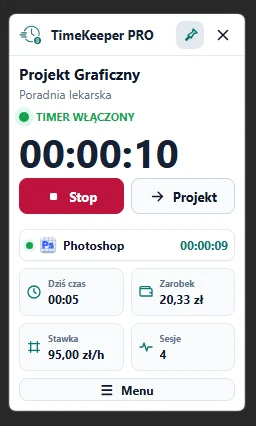Tryb Focus ze statystykami projektu