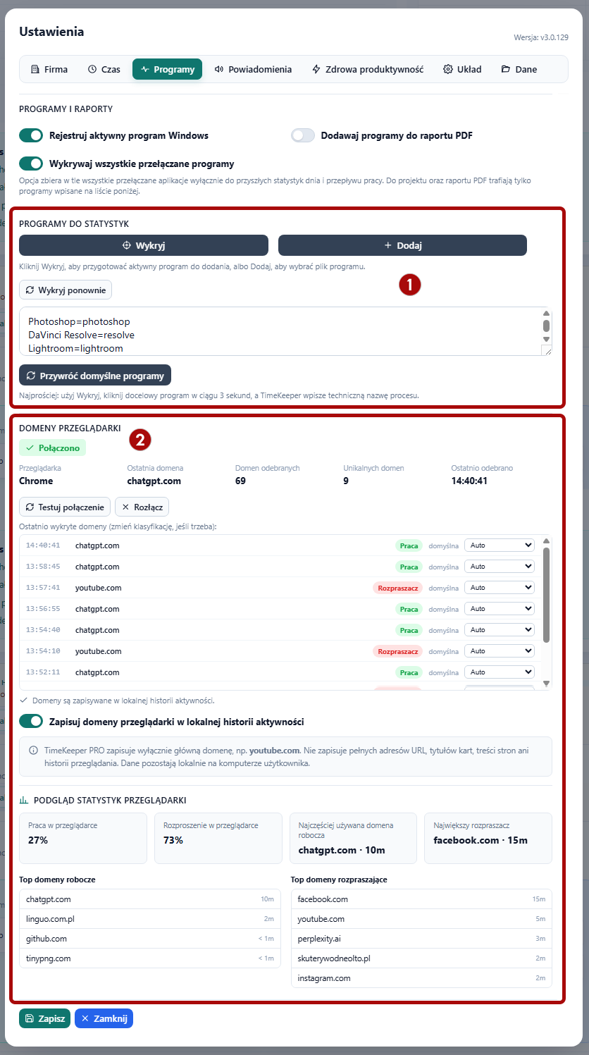 Ustawienia - Programy do statystyk i Domeny przeglądarki w TimeKeeper PRO