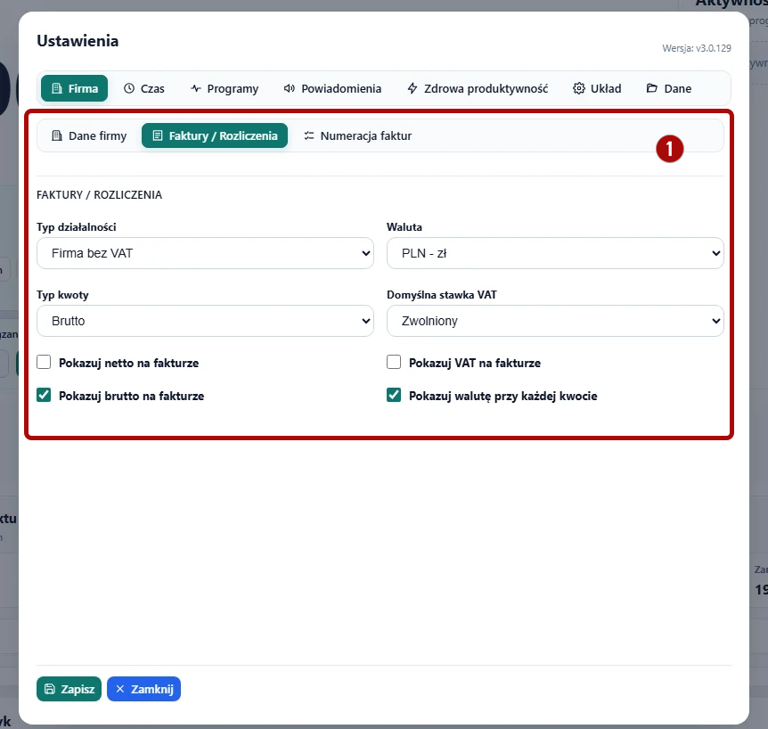 Ustawienia - Faktury i Rozliczenia w TimeKeeper PRO