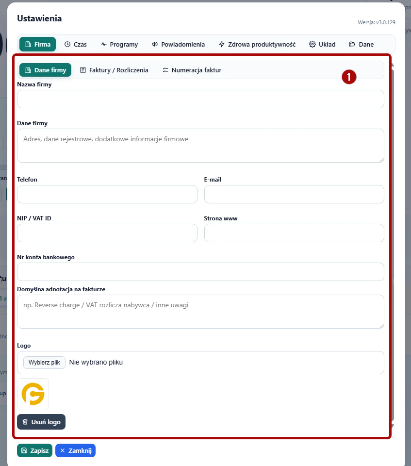 Ustawienia - Dane firmy w TimeKeeper PRO