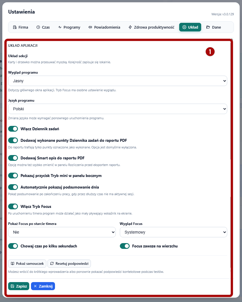 Ustawienia - Układ aplikacji w TimeKeeper PRO