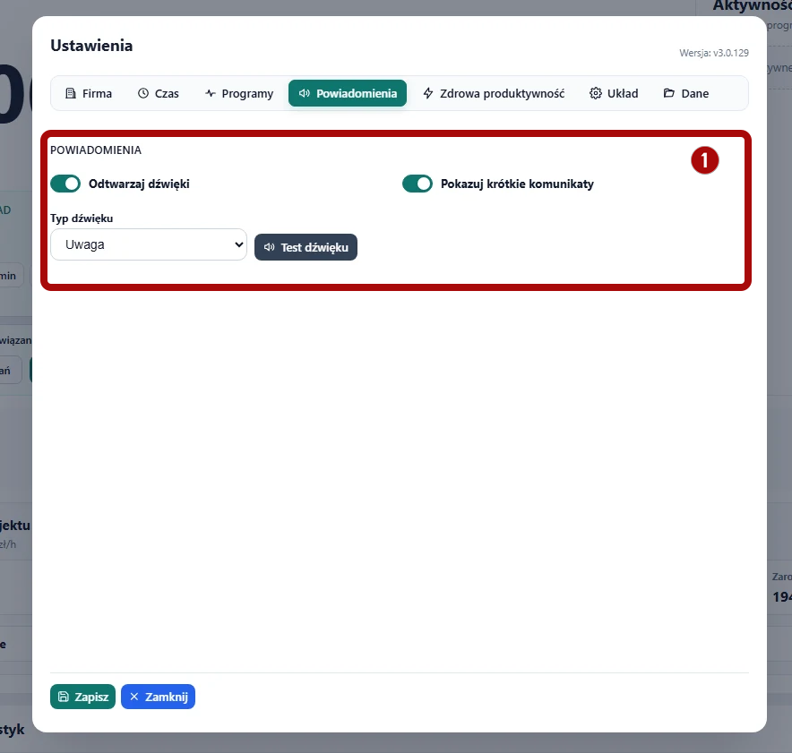 Ustawienia - Powiadomienia w TimeKeeper PRO