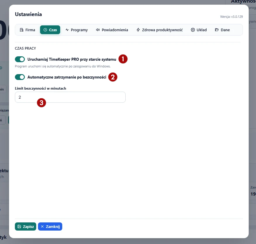 Ustawienia - Czas w TimeKeeper PRO