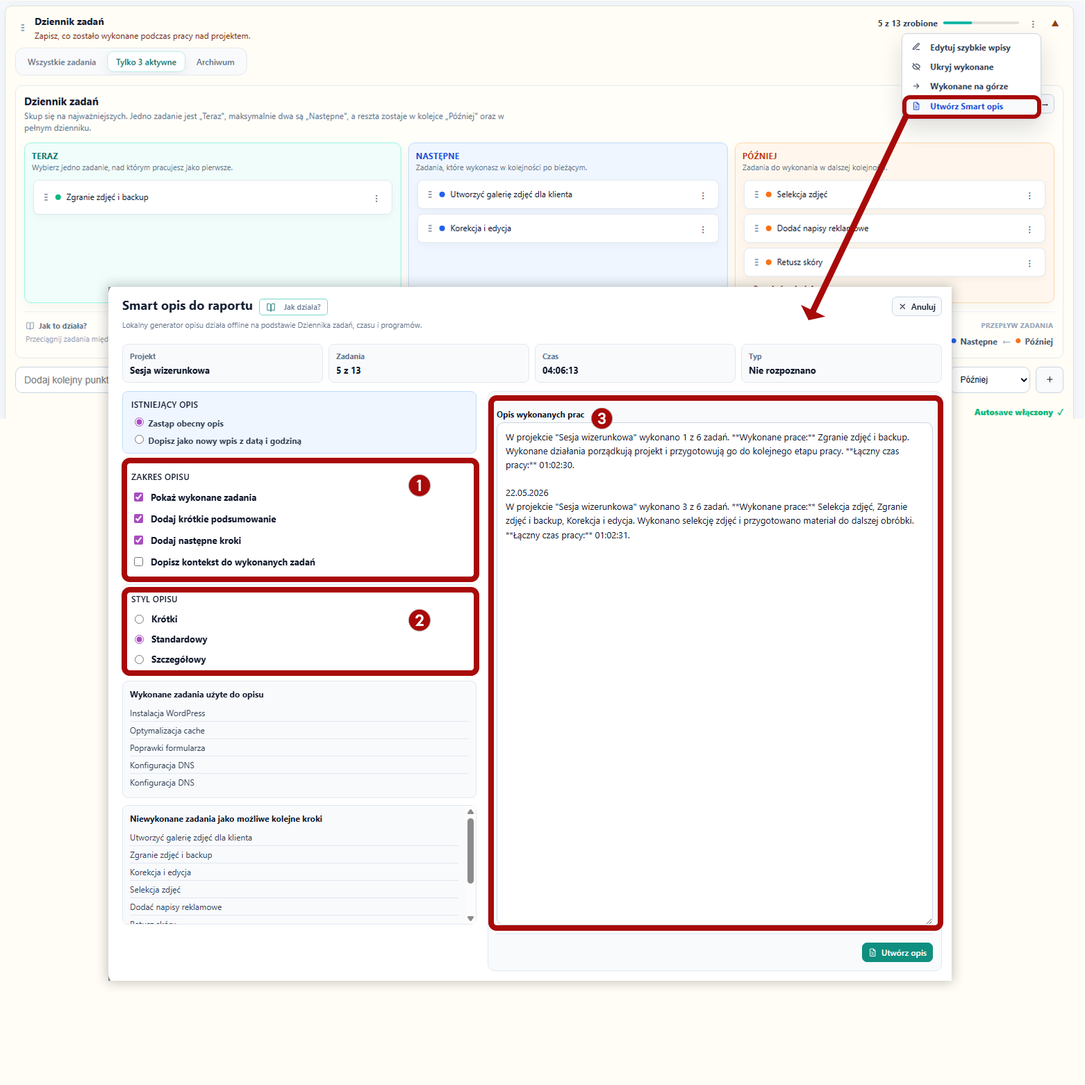 Okno Smart opis do raportu w TimeKeeper PRO