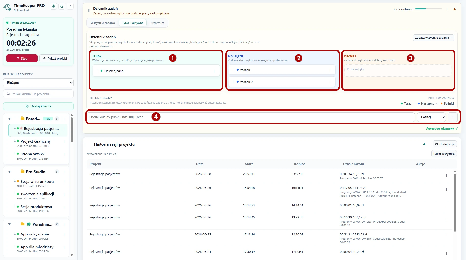 Dziennik zadań TimeKeeper PRO, sekcje Teraz, Następne i Później