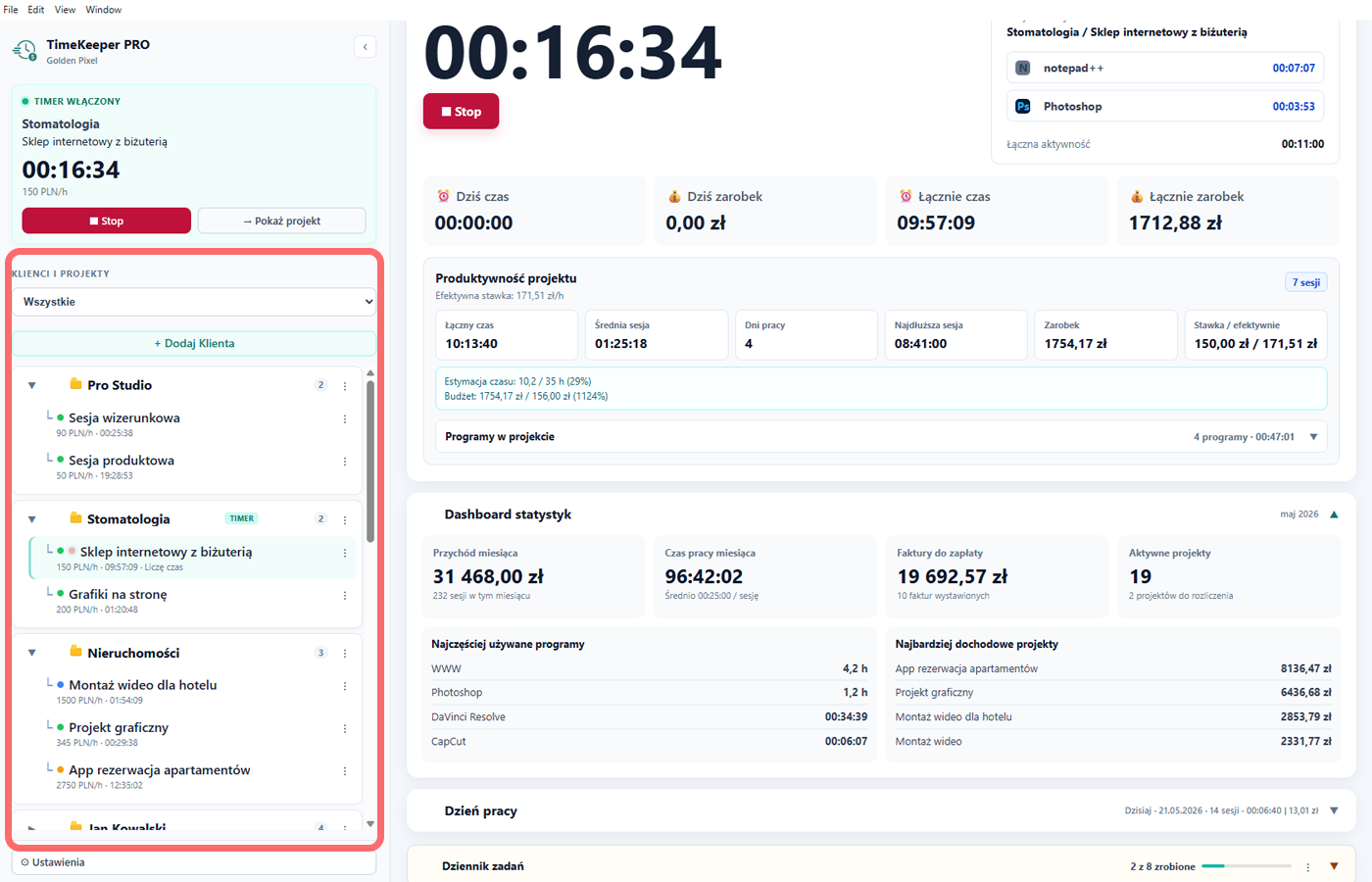Klienci i projekty w TimeKeeper PRO