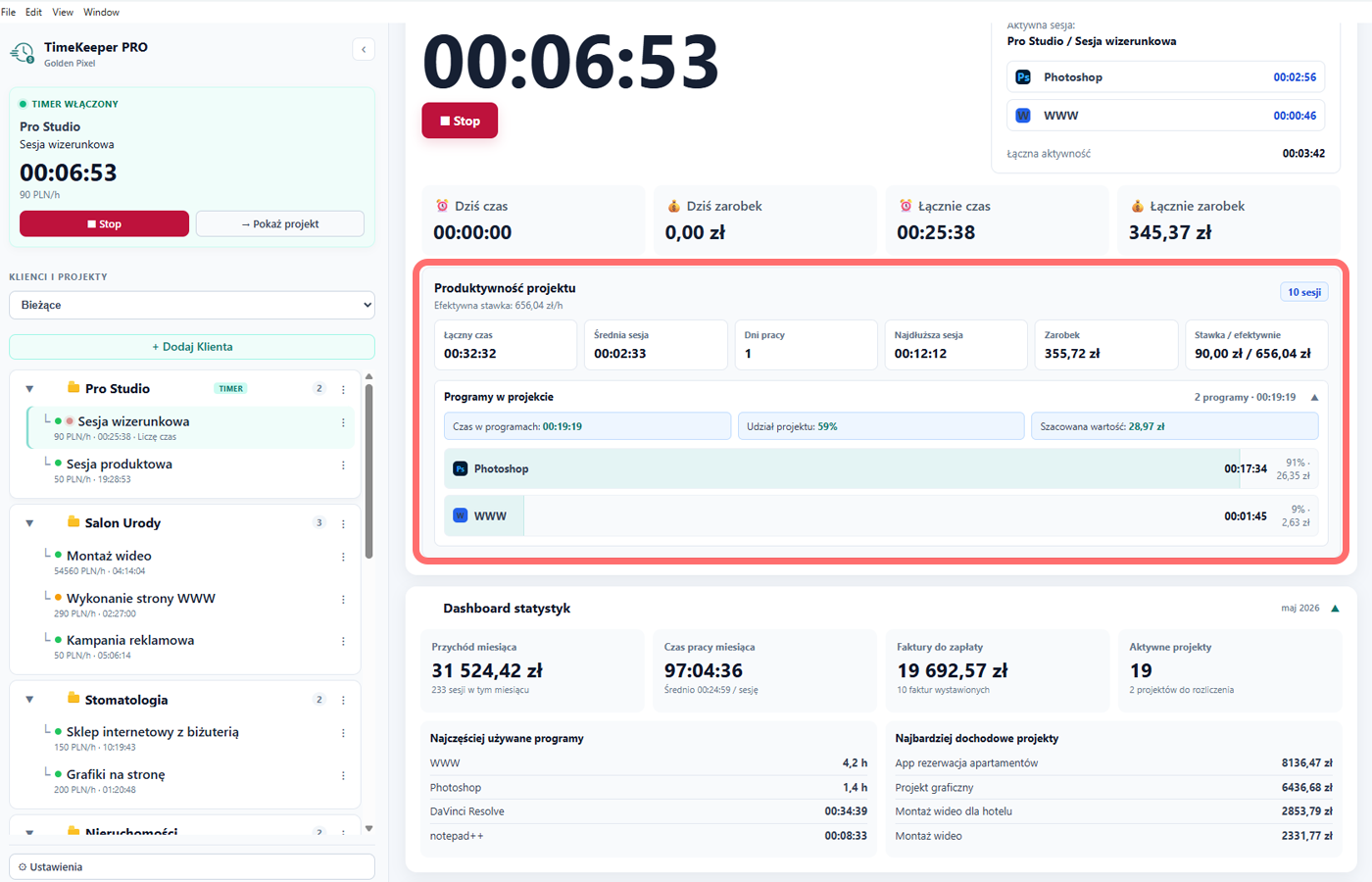 Opłacalność projektu w TimeKeeper PRO