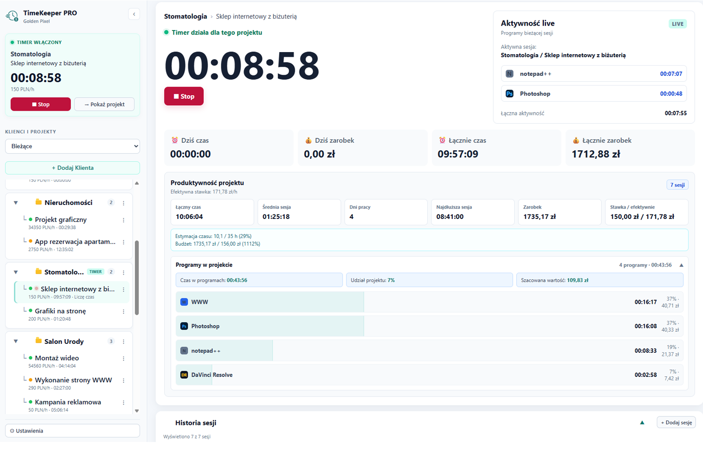 Aktywność programów używanych przy projekcie wideo w TimeKeeper PRO