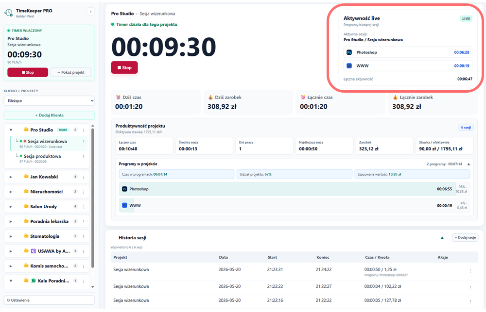 Aktywność programów i dane projektu fotograficznego w TimeKeeper PRO