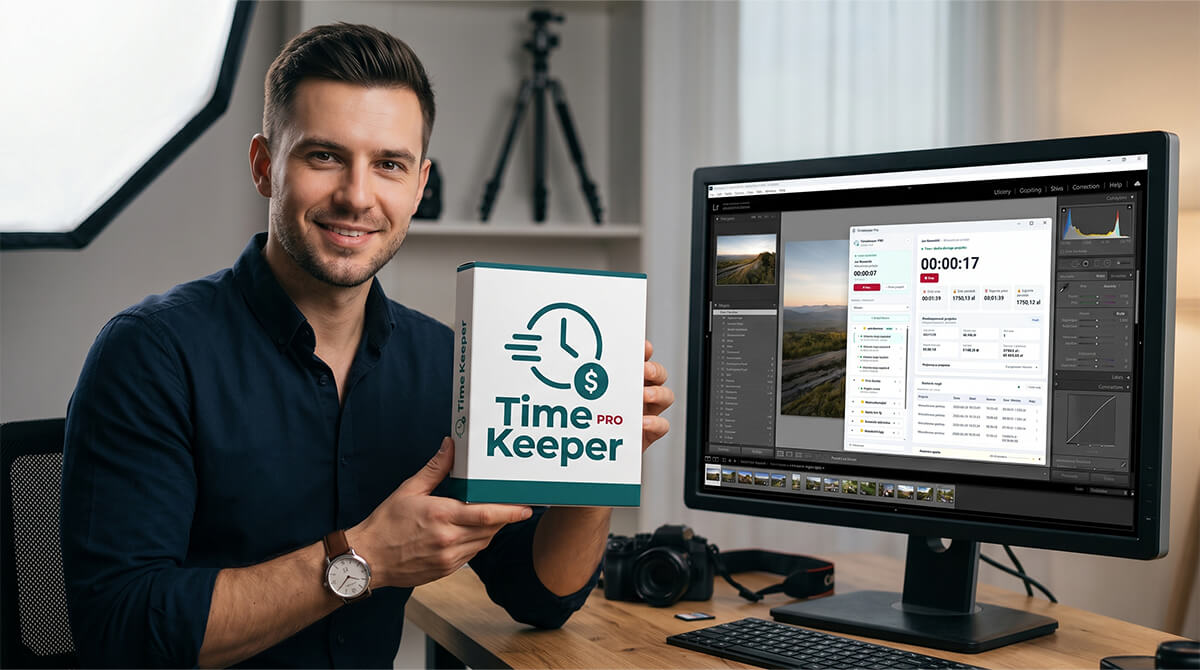 Fotograf pracujący przy selekcji i retuszu zdjęć z TimeKeeper PRO