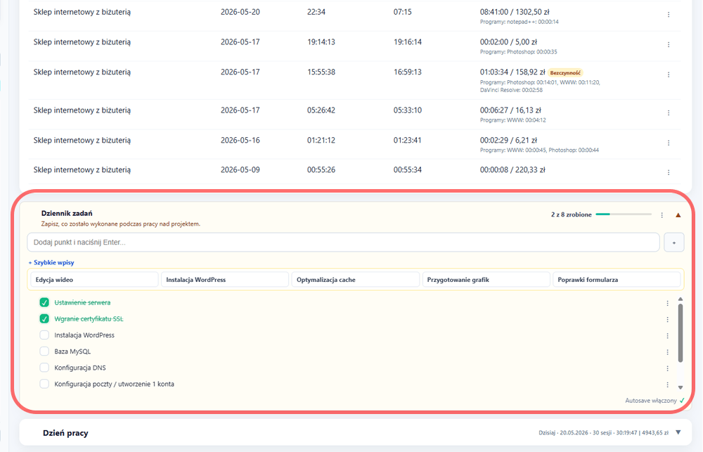 Dziennik zadań web developera w TimeKeeper PRO