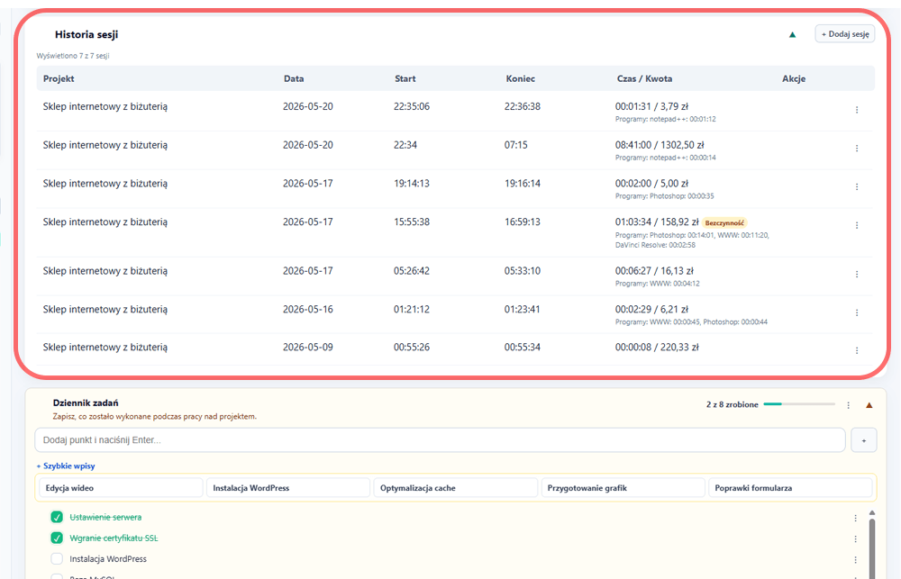 Historia sesji web developera w TimeKeeper PRO